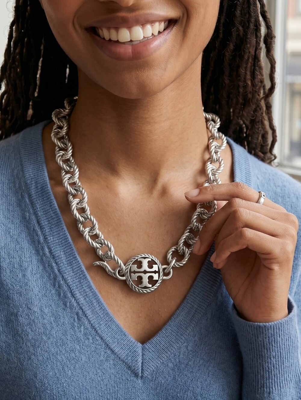 Tory Burch Rope Textured Chain Collar Necklace - Silver